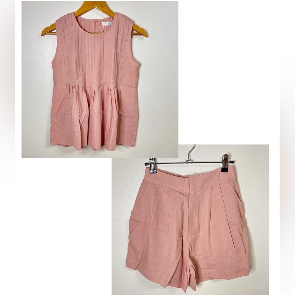 Women’s Pink Pintuck Linen Sleeveless Top and Tailored Shorts Set